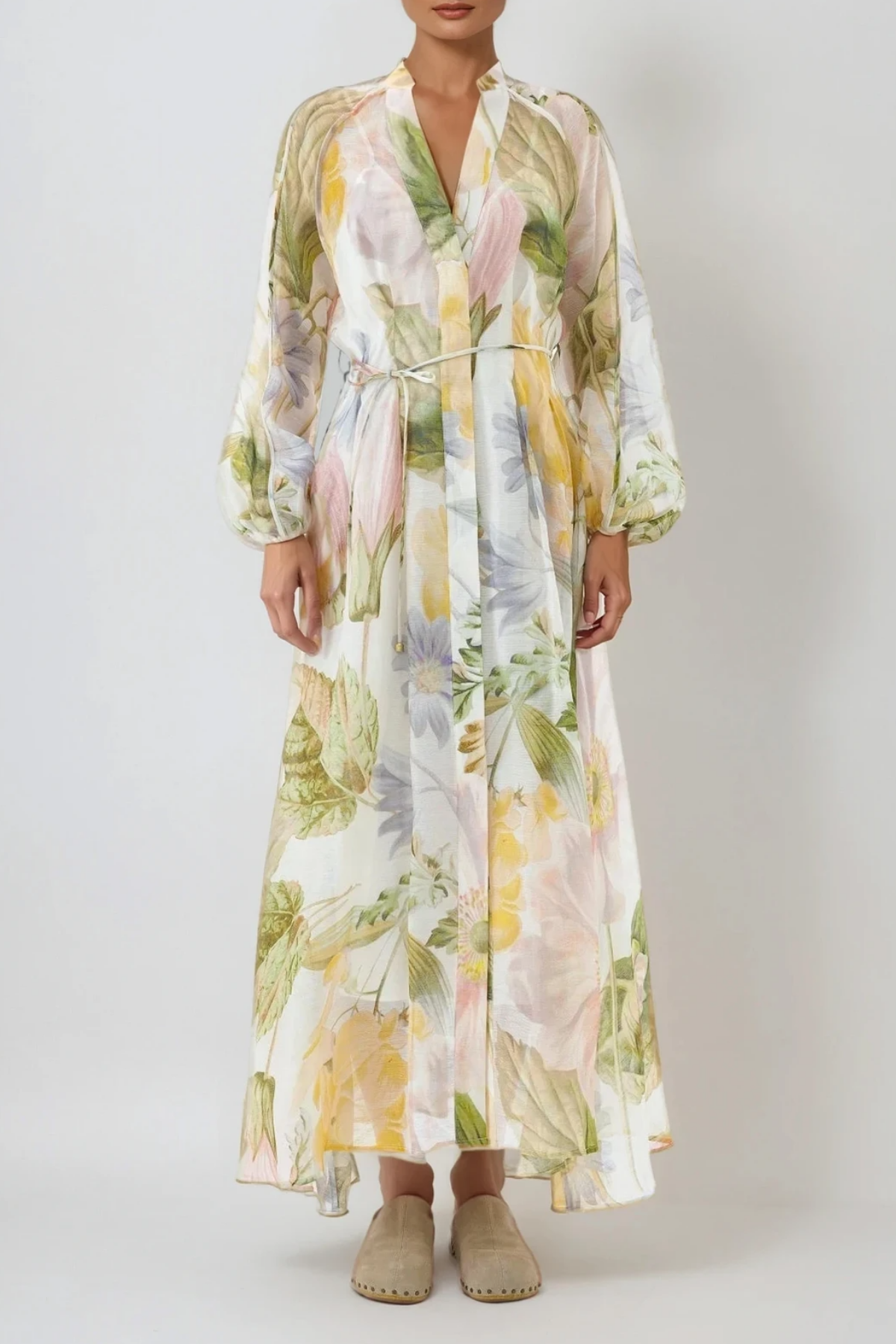 Balloon Sleeve Floral Print Smocked Waist Tiered Maxi Dress