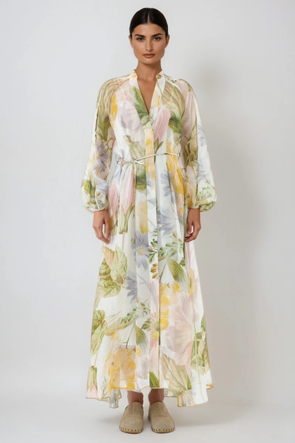 Balloon Sleeve Floral Print Smocked Waist Tiered Maxi Dress