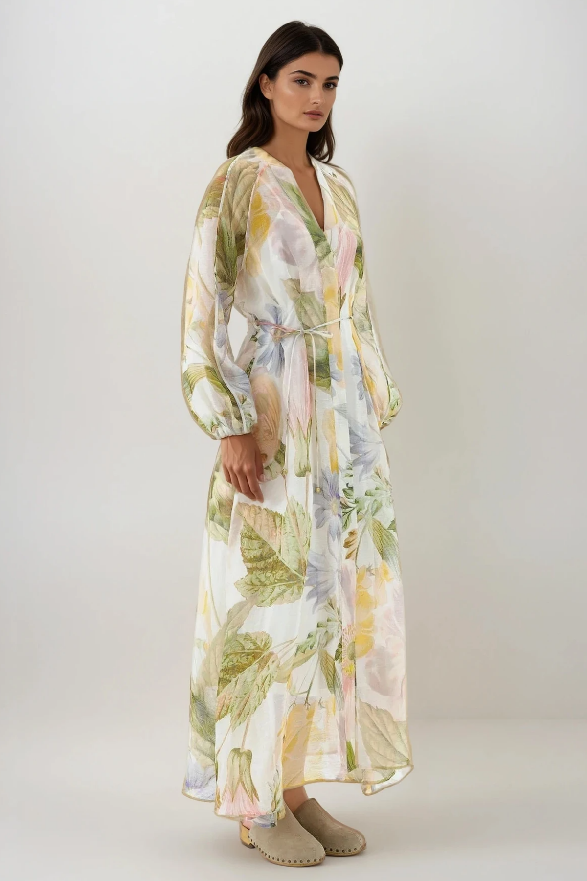 Balloon Sleeve Floral Print Smocked Waist Tiered Maxi Dress