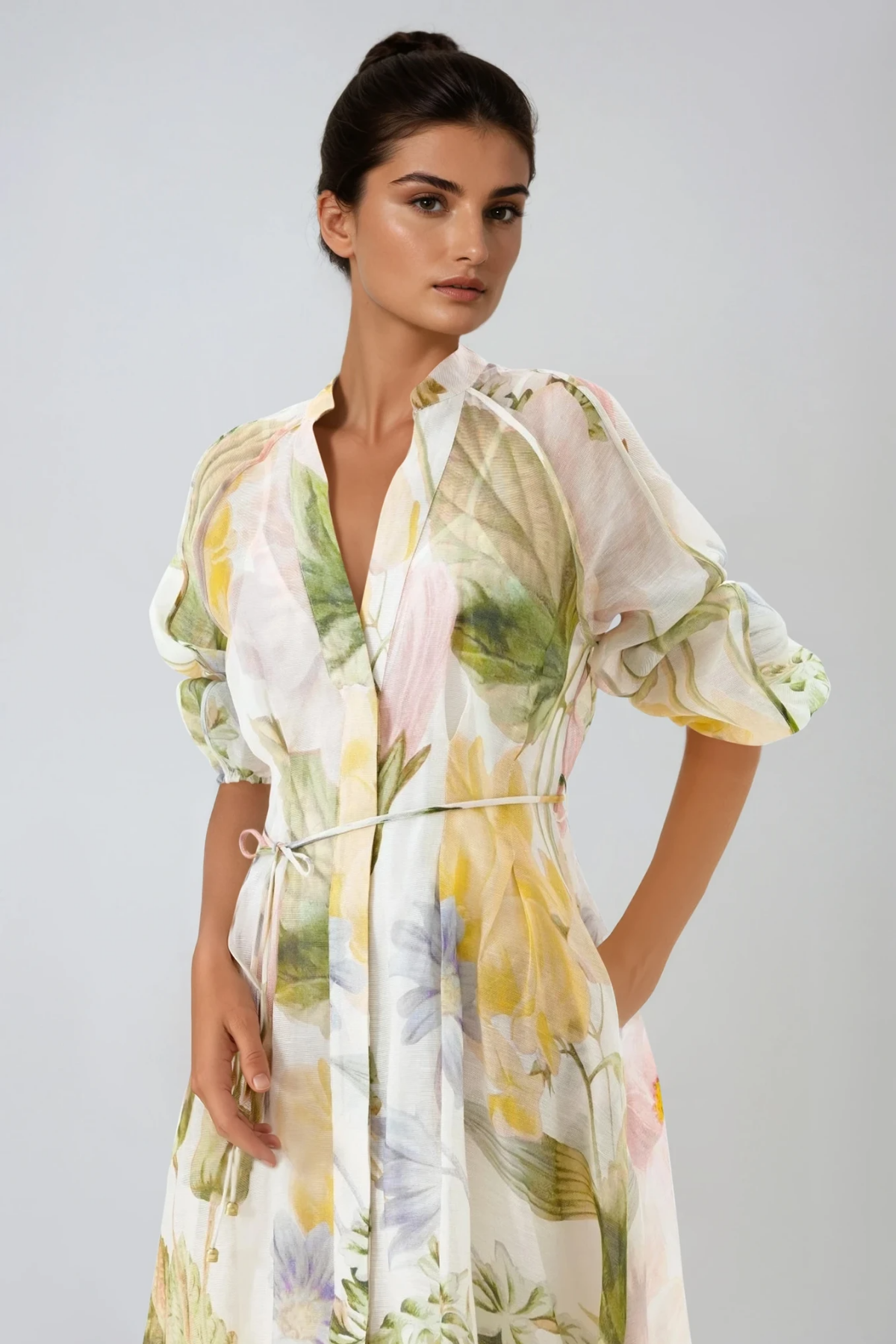 Balloon Sleeve Floral Print Smocked Waist Tiered Maxi Dress