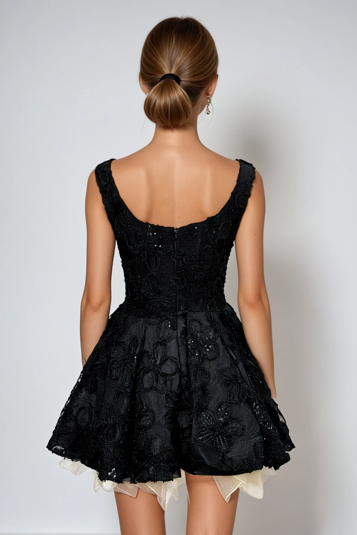 Square Neck Corset Bone Floral Lace Sequin Tiered Crinoline Hem Mini Dress