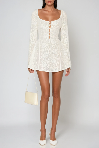 Deep V Neck Scoop Neck Button Front Ditsy Floral Bell Sleeve Mini Dress