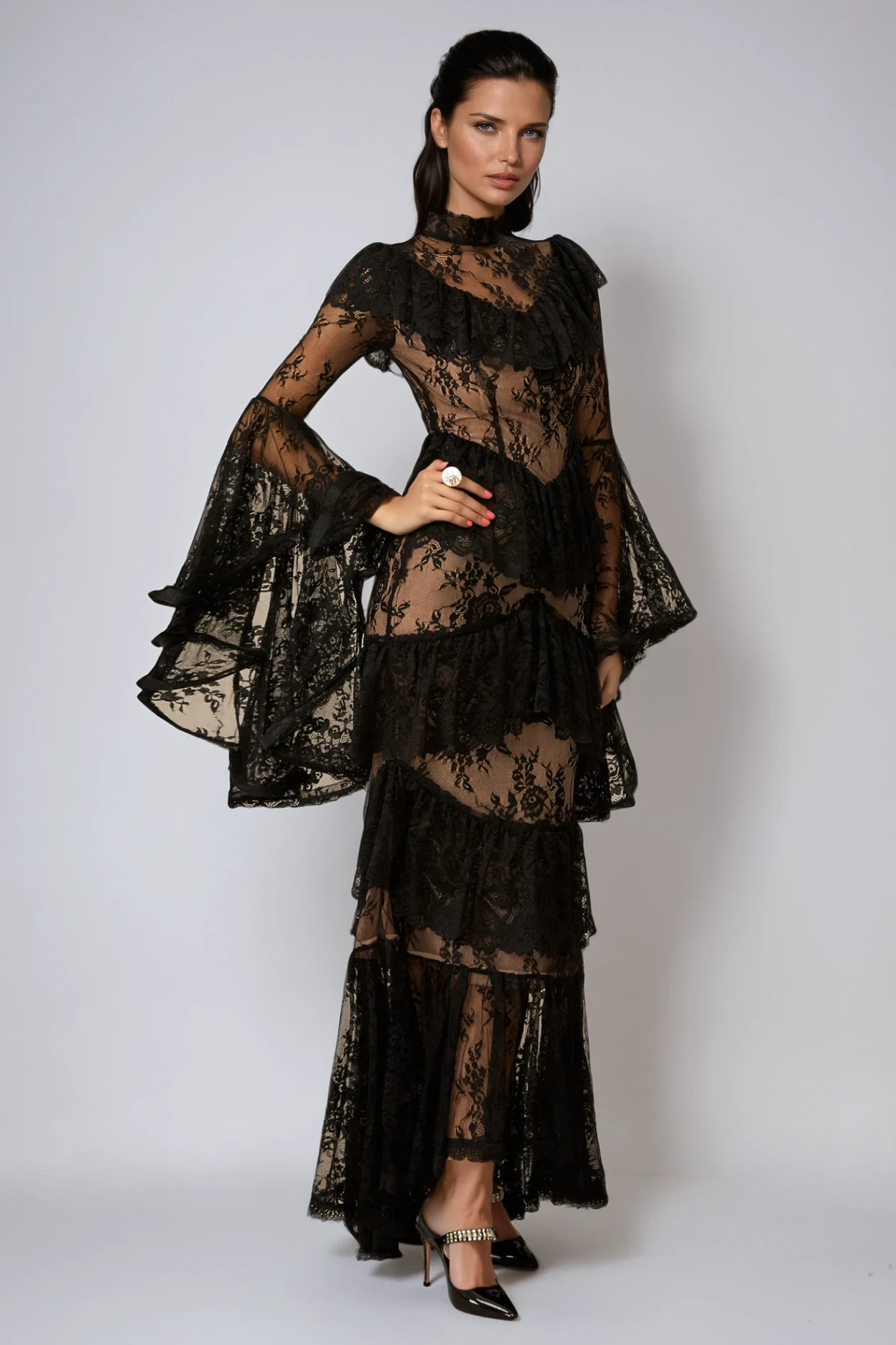 Mock Neck Lace Ruffle Shoulder Tiered Bell Sleeve High Low Ruffle Maxi Dress