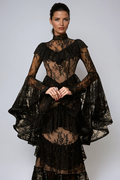 Mock Neck Lace Ruffle Shoulder Tiered Bell Sleeve High Low Ruffle Maxi Dress