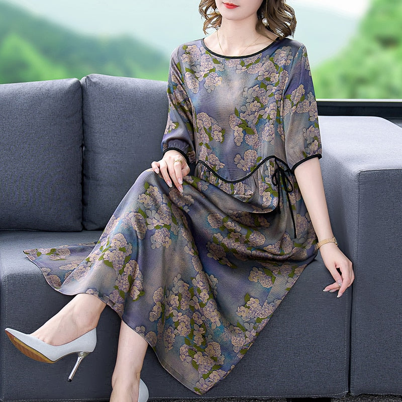 Round Neck Wavy Contrast Trim Short Sleeve Floral Print Midi Dress