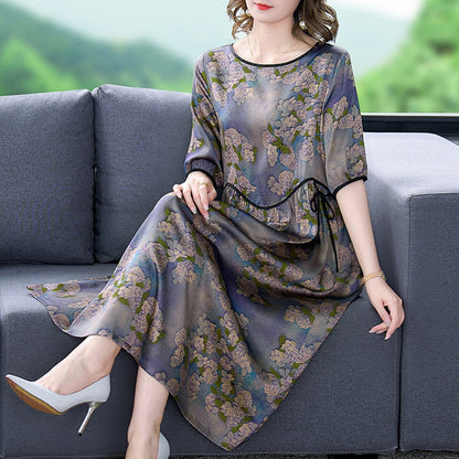 Round Neck Wavy Contrast Trim Short Sleeve Floral Print Midi Dress