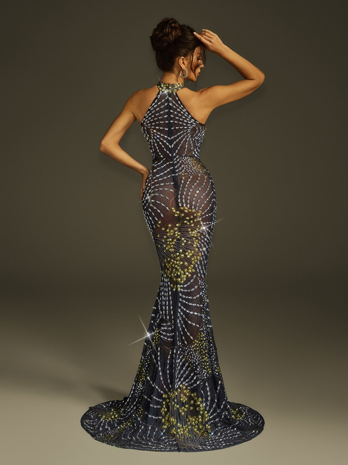 Strapless Crystal Mesh Mermaid Flare Train Maxi Gown