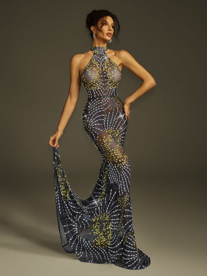 Strapless Crystal Mesh Mermaid Flare Train Maxi Gown