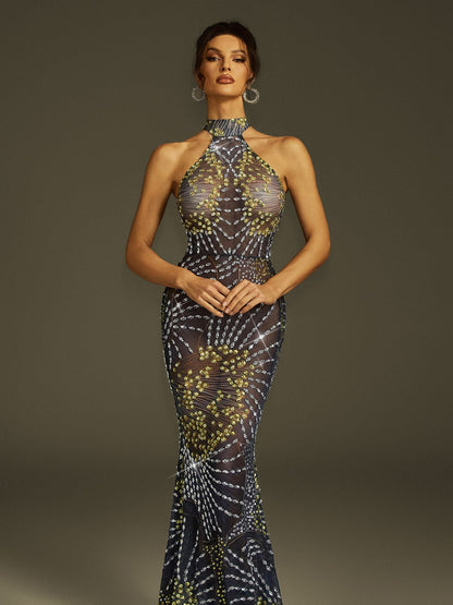 Strapless Crystal Mesh Mermaid Flare Train Maxi Gown