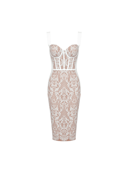Sweetheart Corset Lace Overlay Wide Strap Bandage Midi Dress