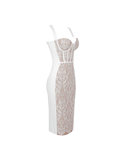 Sweetheart Corset Lace Overlay Wide Strap Bandage Midi Dress