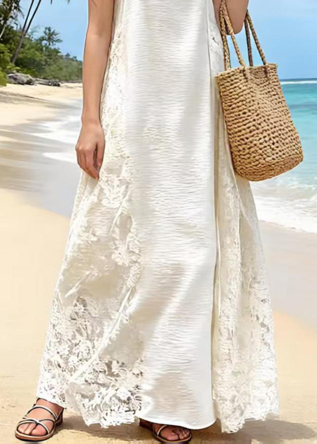 Spaghetti Strap Scoop Neck Crinkled Center Floral Lace Panel Maxi Dress
