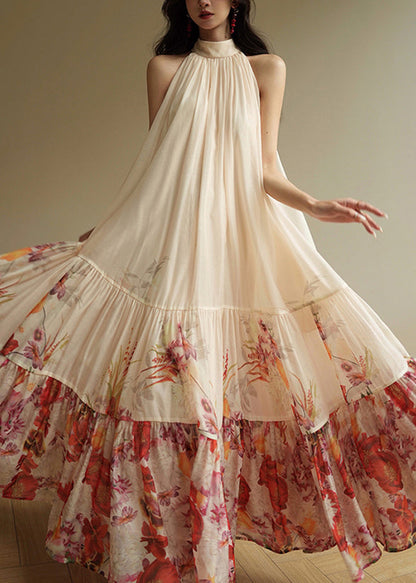 Halter Neck Tiered Pleated Floral Print Chiffon Maxi Dress