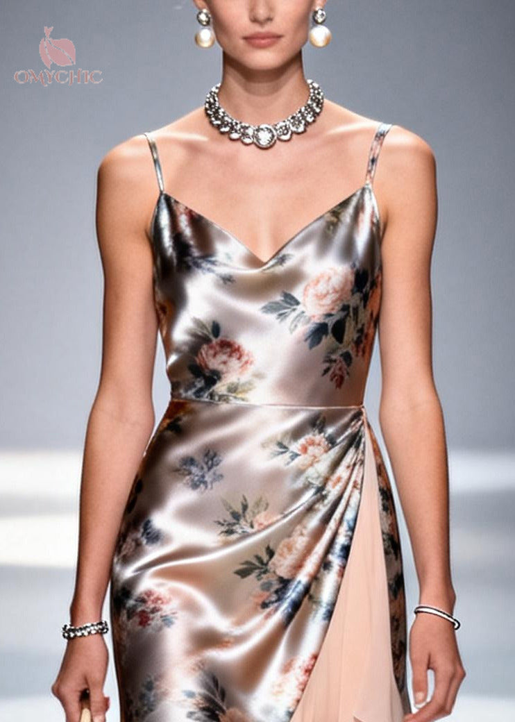 Floral Print Cowl Neck Spaghetti Strap Asymmetrical Ruffle Hem Midi Dress