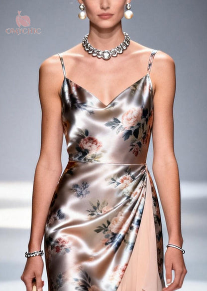 Floral Print Cowl Neck Spaghetti Strap Asymmetrical Ruffle Hem Midi Dress