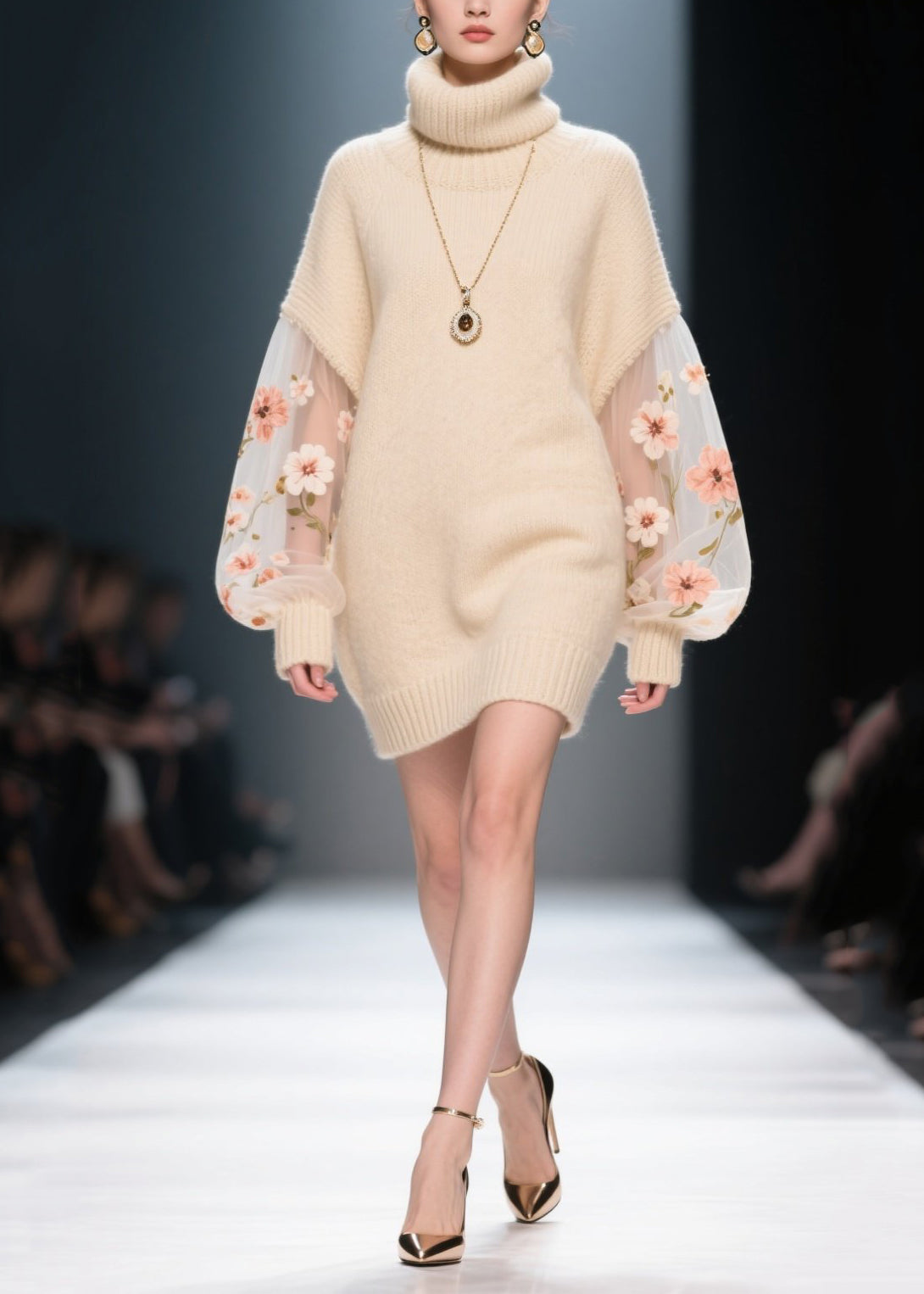 Turtleneck Floral Embroidery Mesh Lantern Sleeve Knit Mini Sweater Dress