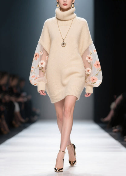 Turtleneck Floral Embroidery Mesh Lantern Sleeve Knit Mini Sweater Dress