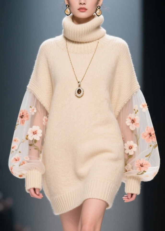 Turtleneck Floral Embroidery Mesh Lantern Sleeve Knit Mini Sweater Dress