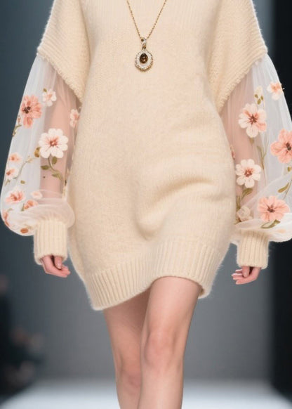 Turtleneck Floral Embroidery Mesh Lantern Sleeve Knit Mini Sweater Dress