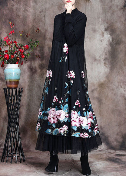 Mock Neck Floral Embroidered Sheer Mesh Overlay Knit Bodice Midi Dress