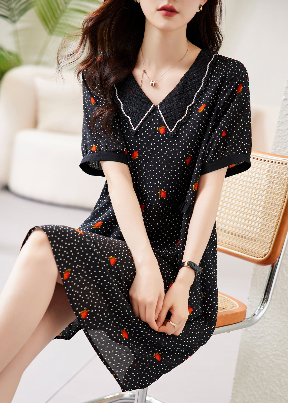 V-Neck Pointed Collar Polka Dot Floral Lace Trim Short Sleeve Midi Dress