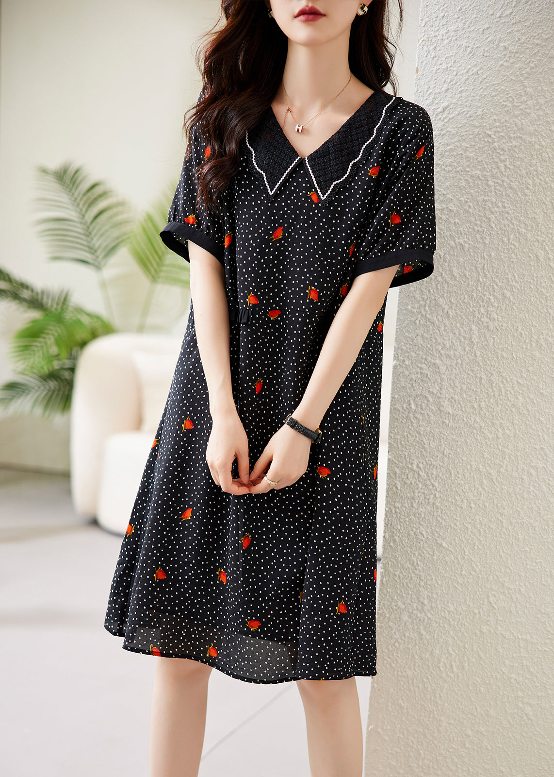V-Neck Pointed Collar Polka Dot Floral Lace Trim Short Sleeve Midi Dress