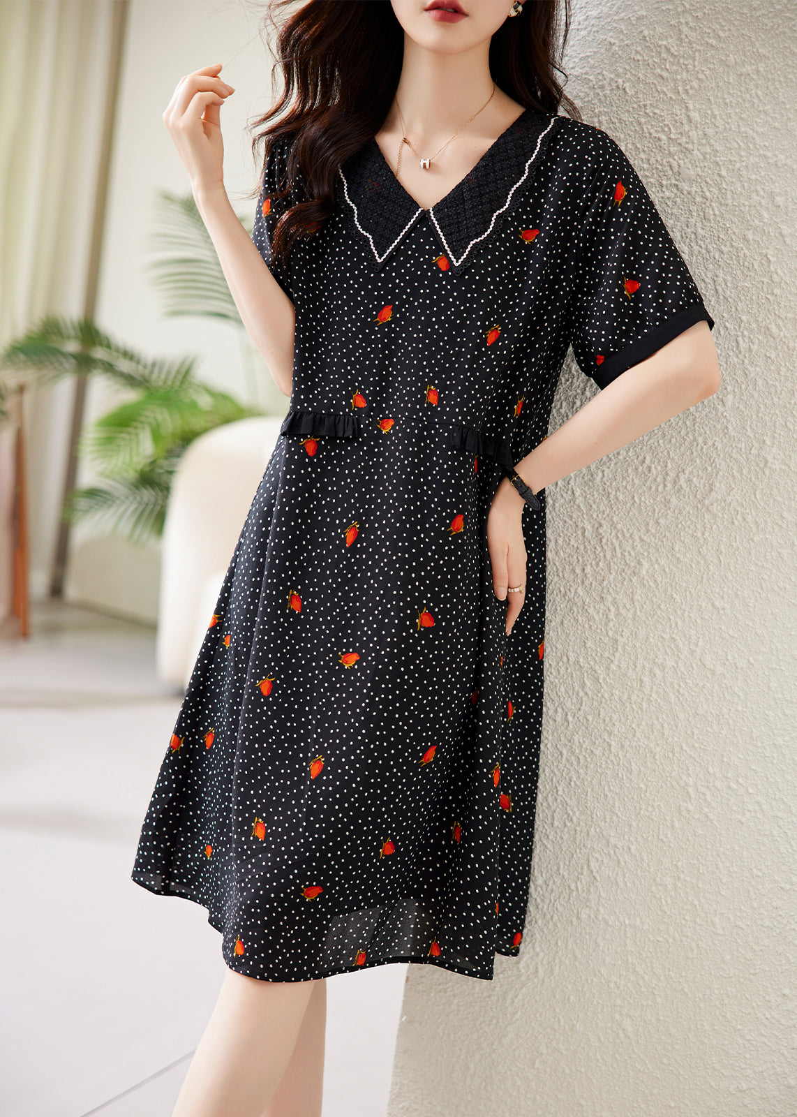 V-Neck Pointed Collar Polka Dot Floral Lace Trim Short Sleeve Midi Dress
