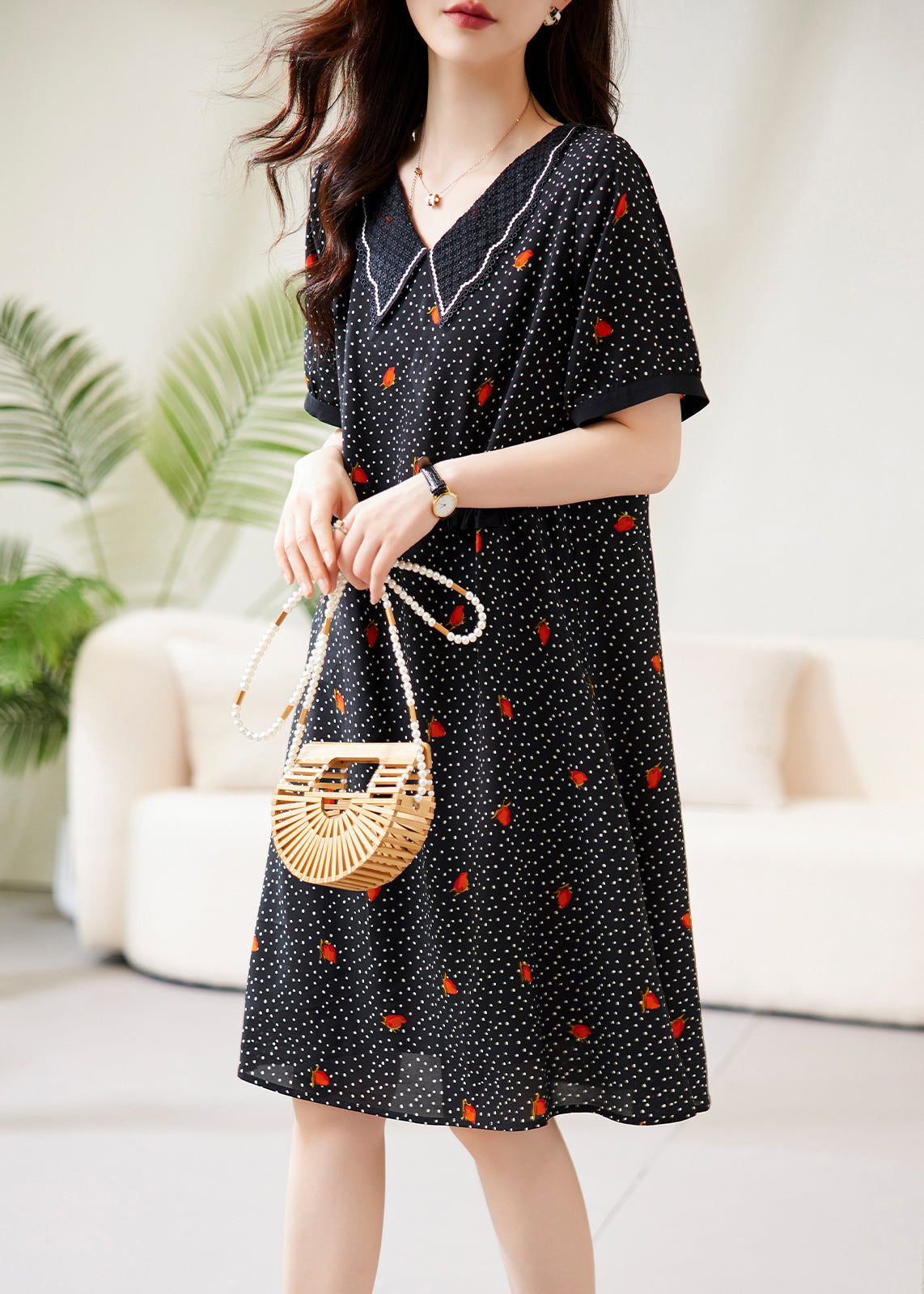 V-Neck Pointed Collar Polka Dot Floral Lace Trim Short Sleeve Midi Dress