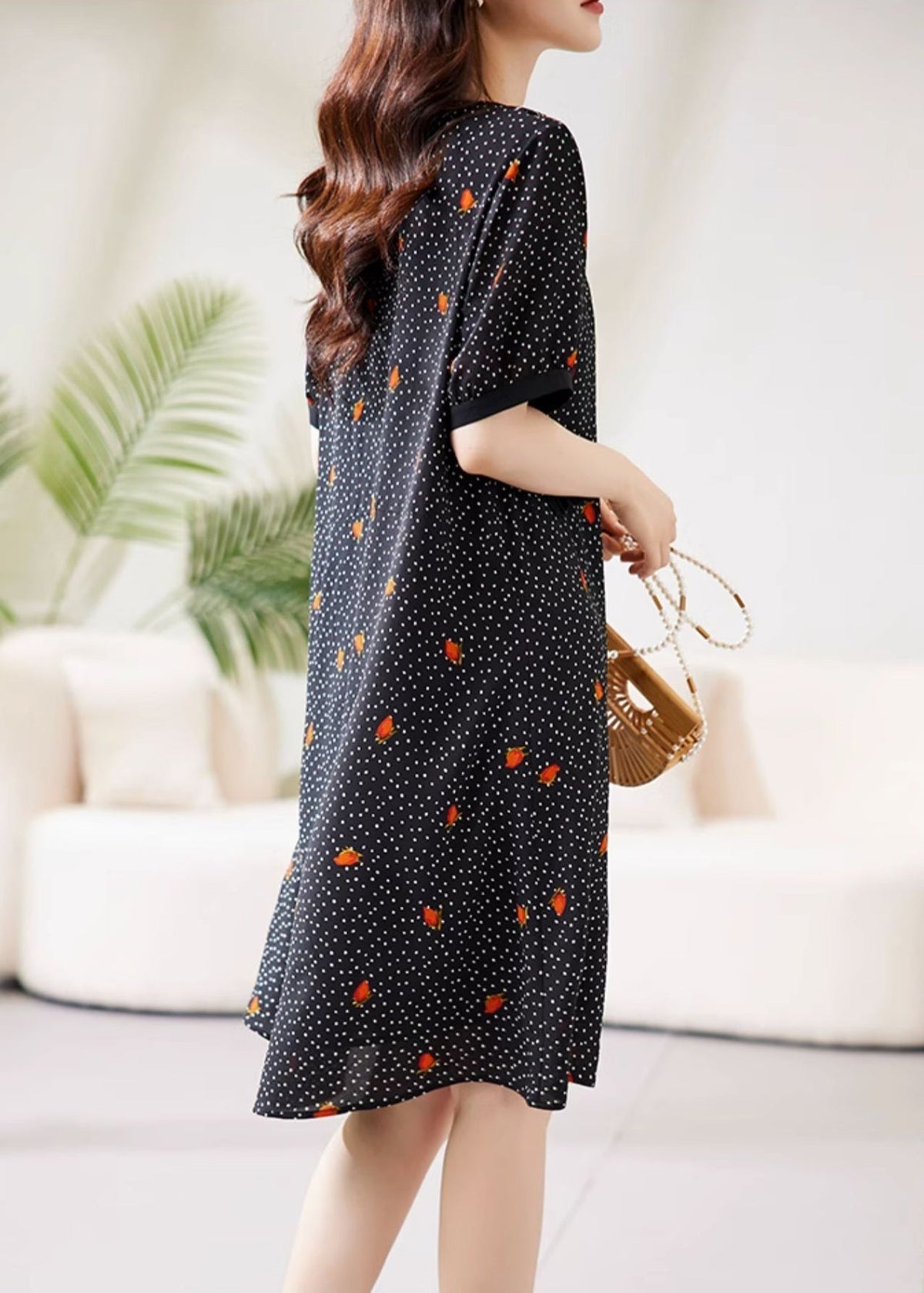 V-Neck Pointed Collar Polka Dot Floral Lace Trim Short Sleeve Midi Dress