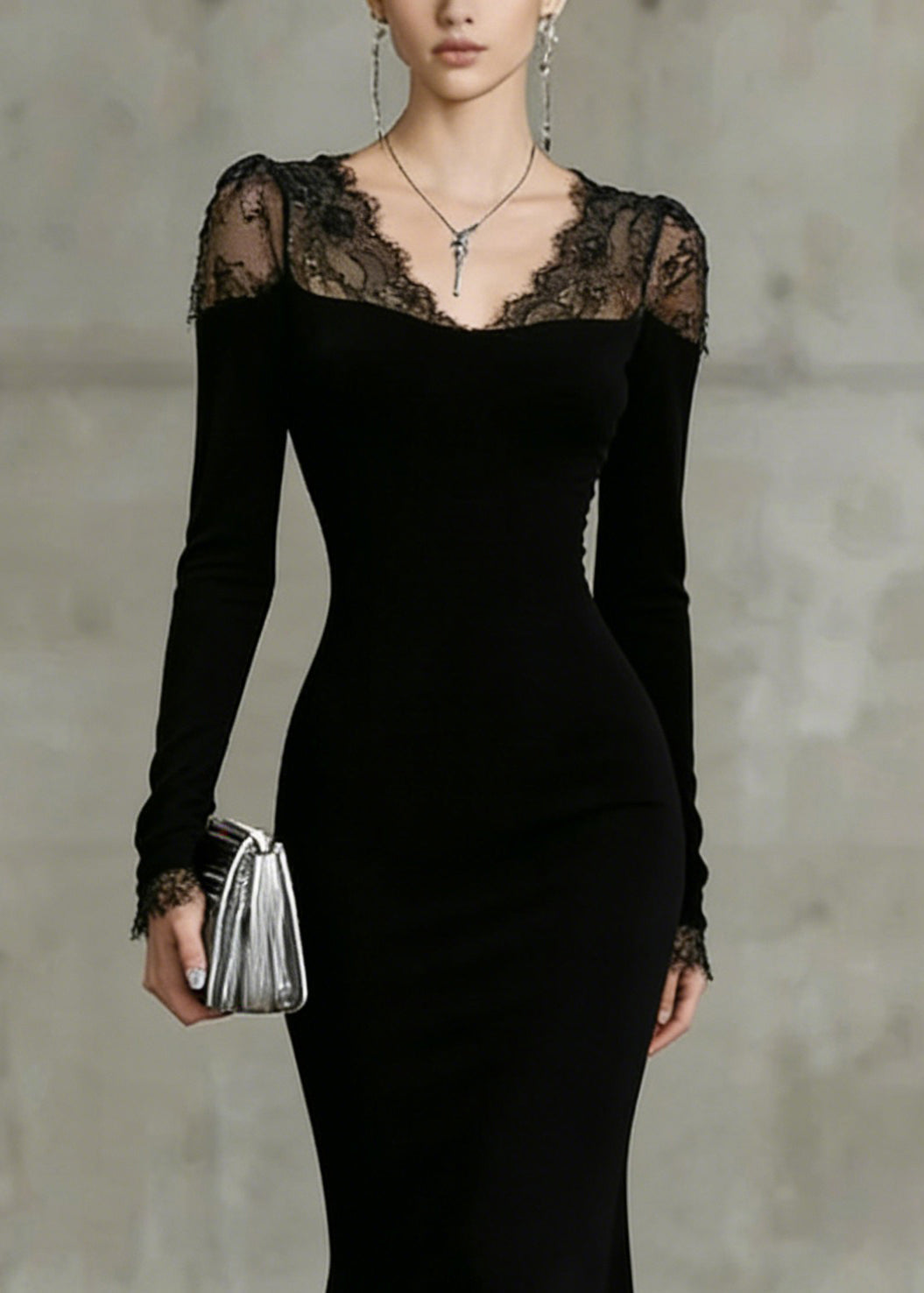 Sweetheart Neck Scalloped Lace Shoulder Long Sleeve Mermaid Maxi Gown