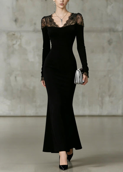Sweetheart Neck Scalloped Lace Shoulder Long Sleeve Mermaid Maxi Gown