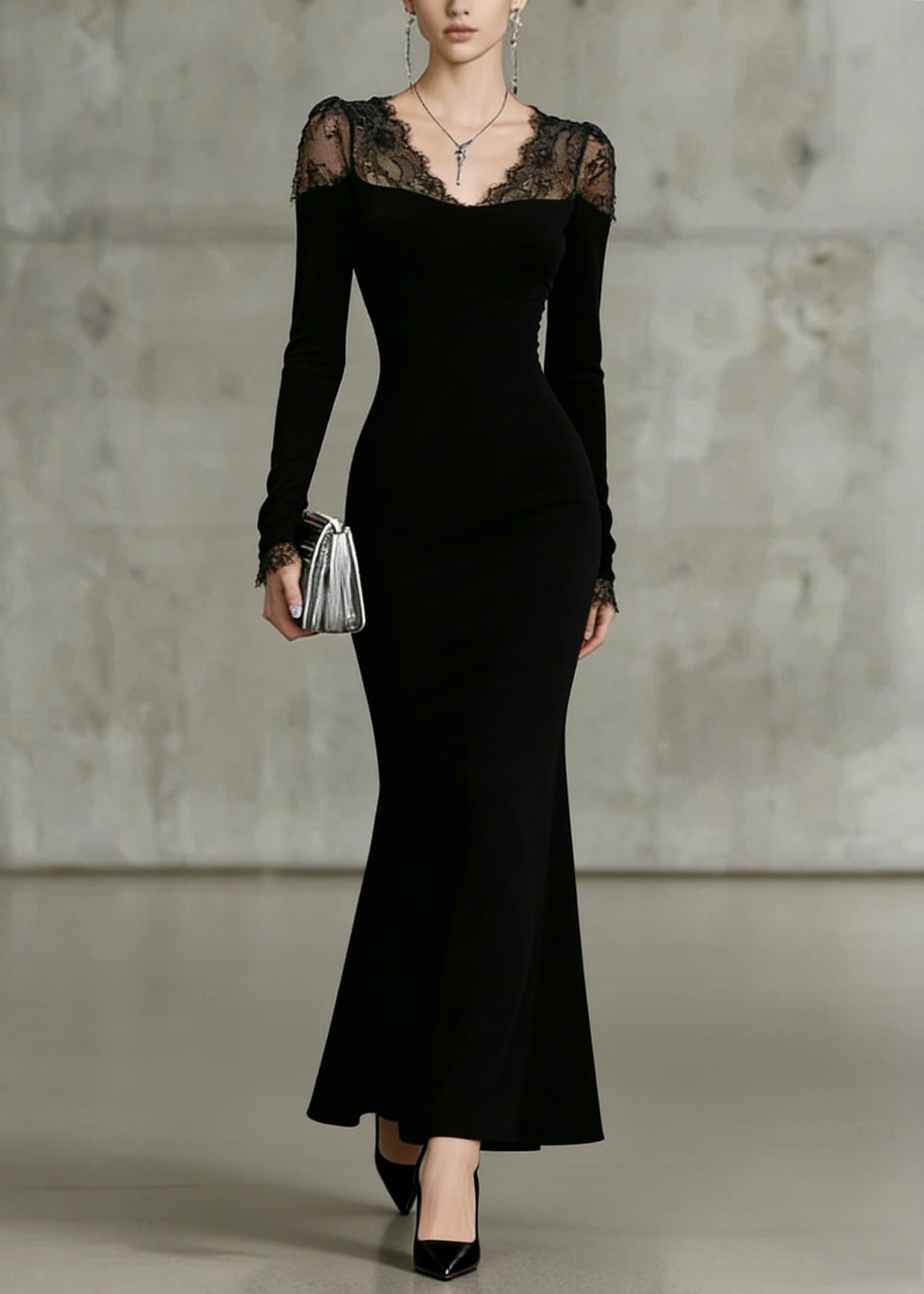 Sweetheart Neck Scalloped Lace Shoulder Long Sleeve Mermaid Maxi Gown