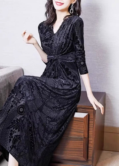 Deep V Neck Jacquard Burnout Floral Tie Waist Maxi Dress