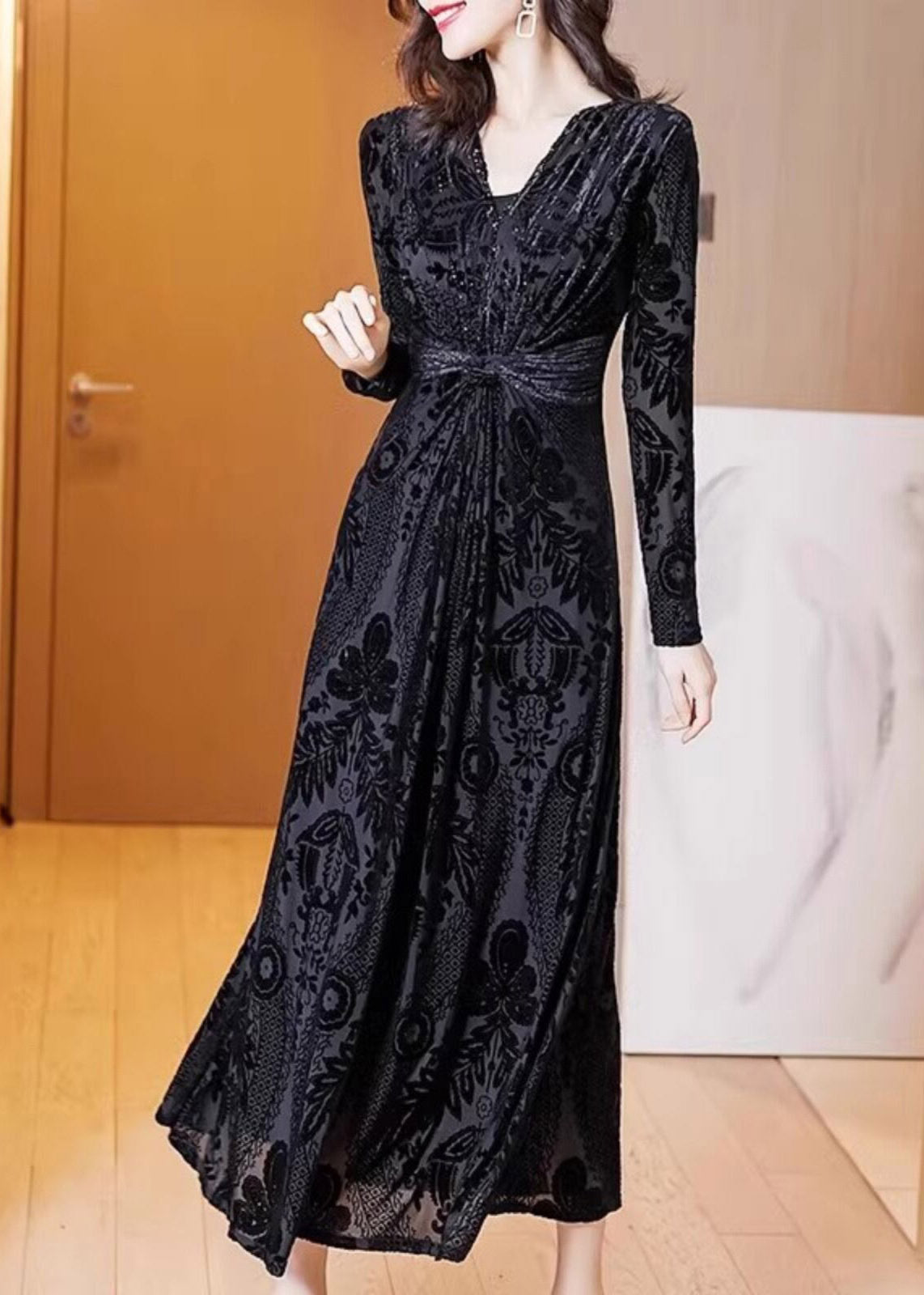 Deep V Neck Jacquard Burnout Floral Tie Waist Maxi Dress