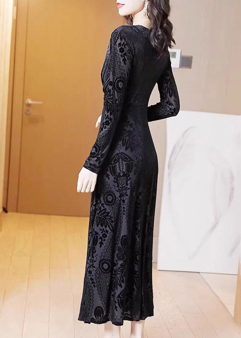 Deep V Neck Jacquard Burnout Floral Tie Waist Maxi Dress
