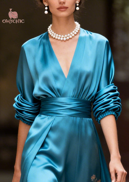 Deep V-Neck Contrast Cuff Long Sleeve Star Print Satin Maxi Dress