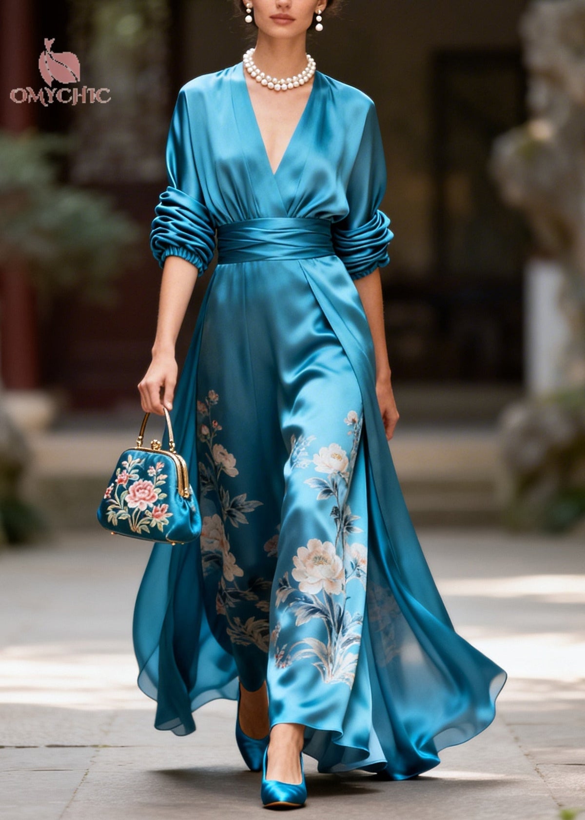 Deep V-Neck Contrast Cuff Long Sleeve Star Print Satin Maxi Dress