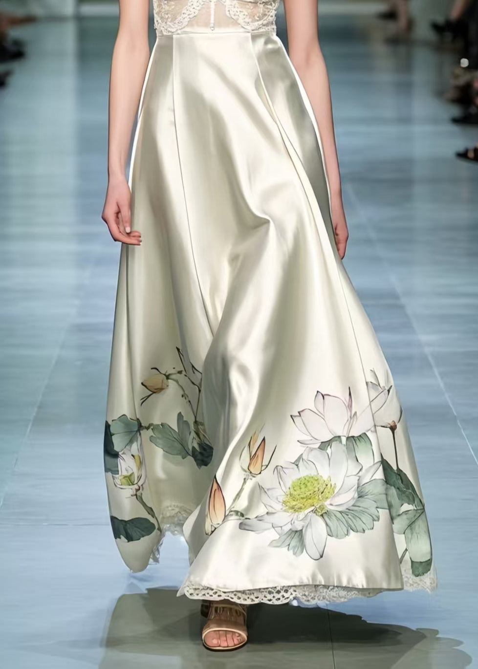 Spaghetti Strap Lace Bodice Lotus Print Satin Skirt Scalloped Hem Gown