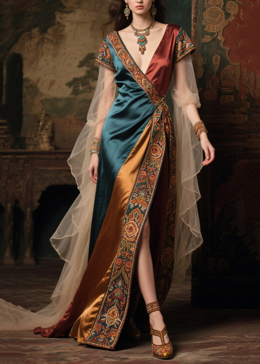 V-Neck Embroidered Trim Paneled Wrap High Slit Sheer Cape Sleeve Gown