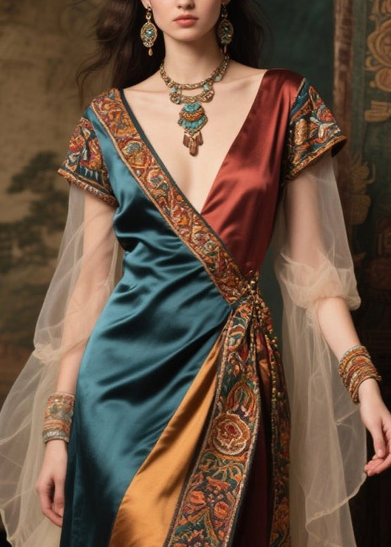 V-Neck Embroidered Trim Paneled Wrap High Slit Sheer Cape Sleeve Gown
