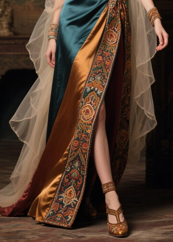 V-Neck Embroidered Trim Paneled Wrap High Slit Sheer Cape Sleeve Gown