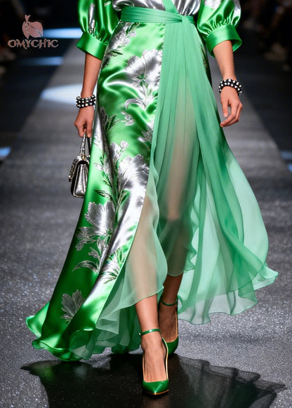 Deep V-Neck Puff Sleeve Floral Jacquard Wrap Tie Waist Sheer Panel Gown