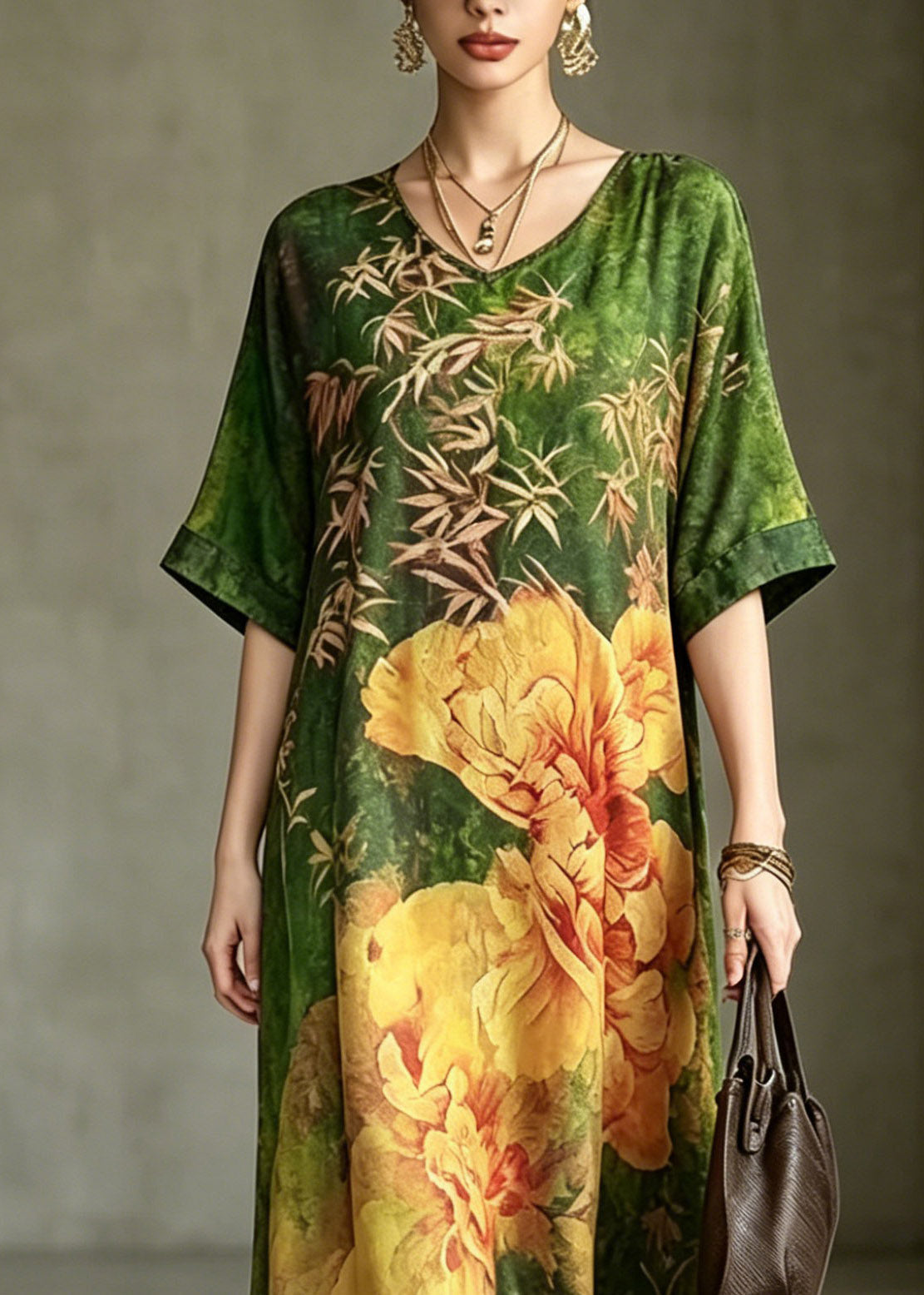 V-Neck Botanical Peony Print Kimono Sleeve Maxi Dress