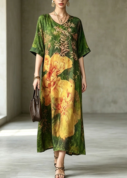 V-Neck Botanical Peony Print Kimono Sleeve Maxi Dress