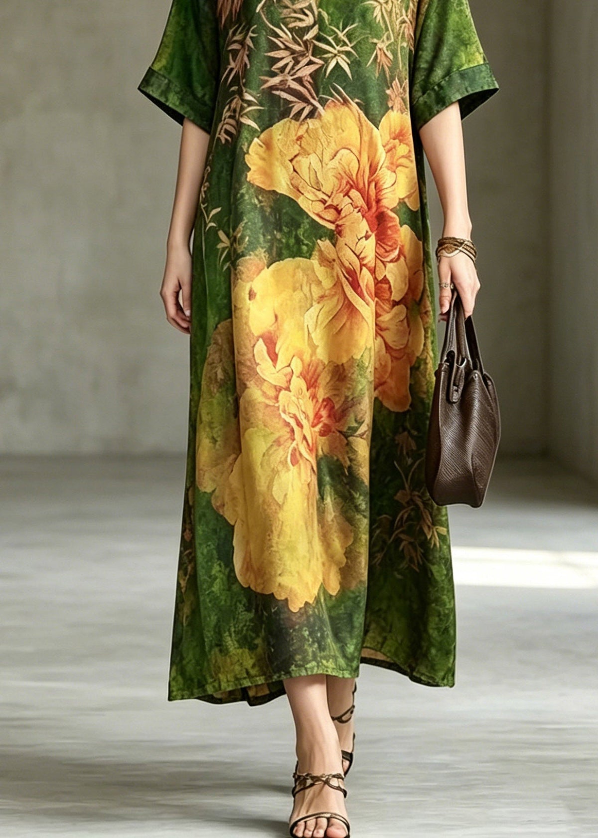 V-Neck Botanical Peony Print Kimono Sleeve Maxi Dress