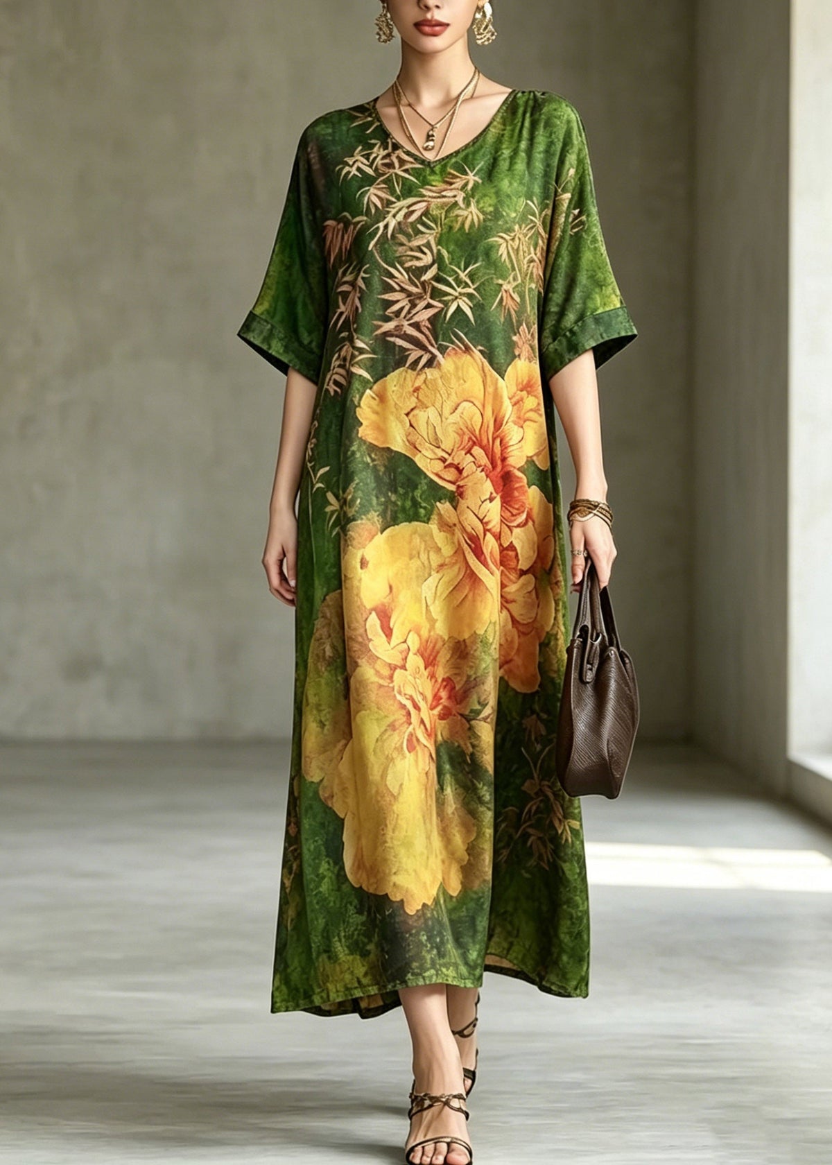 V-Neck Botanical Peony Print Kimono Sleeve Maxi Dress