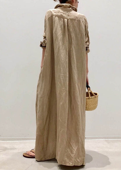 Pointed Collar Button Down Flap Pocket Rolled Sleeve Shirt Maxi Dress