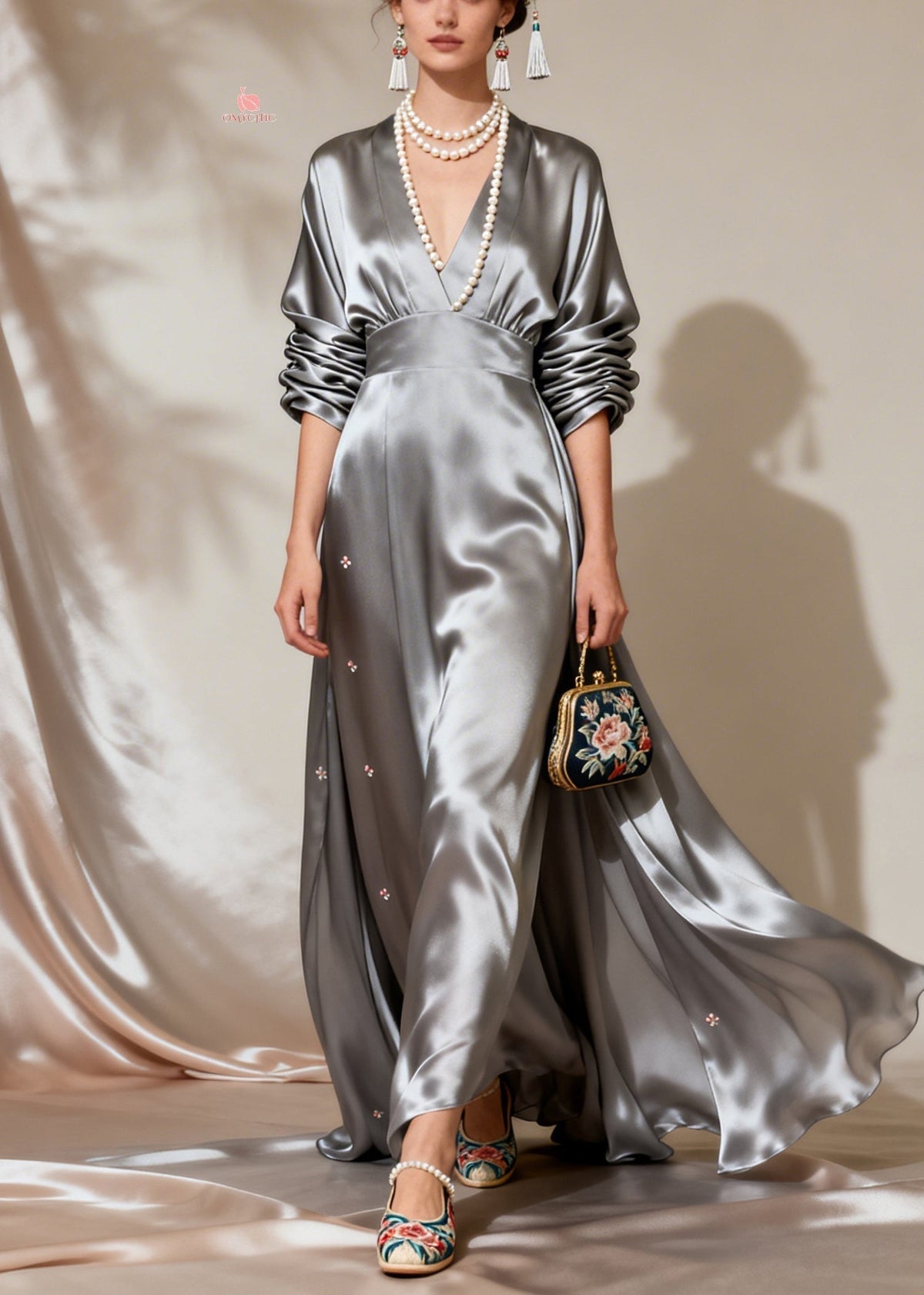 Deep V-Neck Floral Embroidered Satin Waistband Maxi Gown