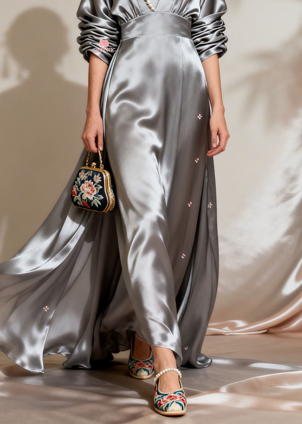 Deep V-Neck Floral Embroidered Satin Waistband Maxi Gown