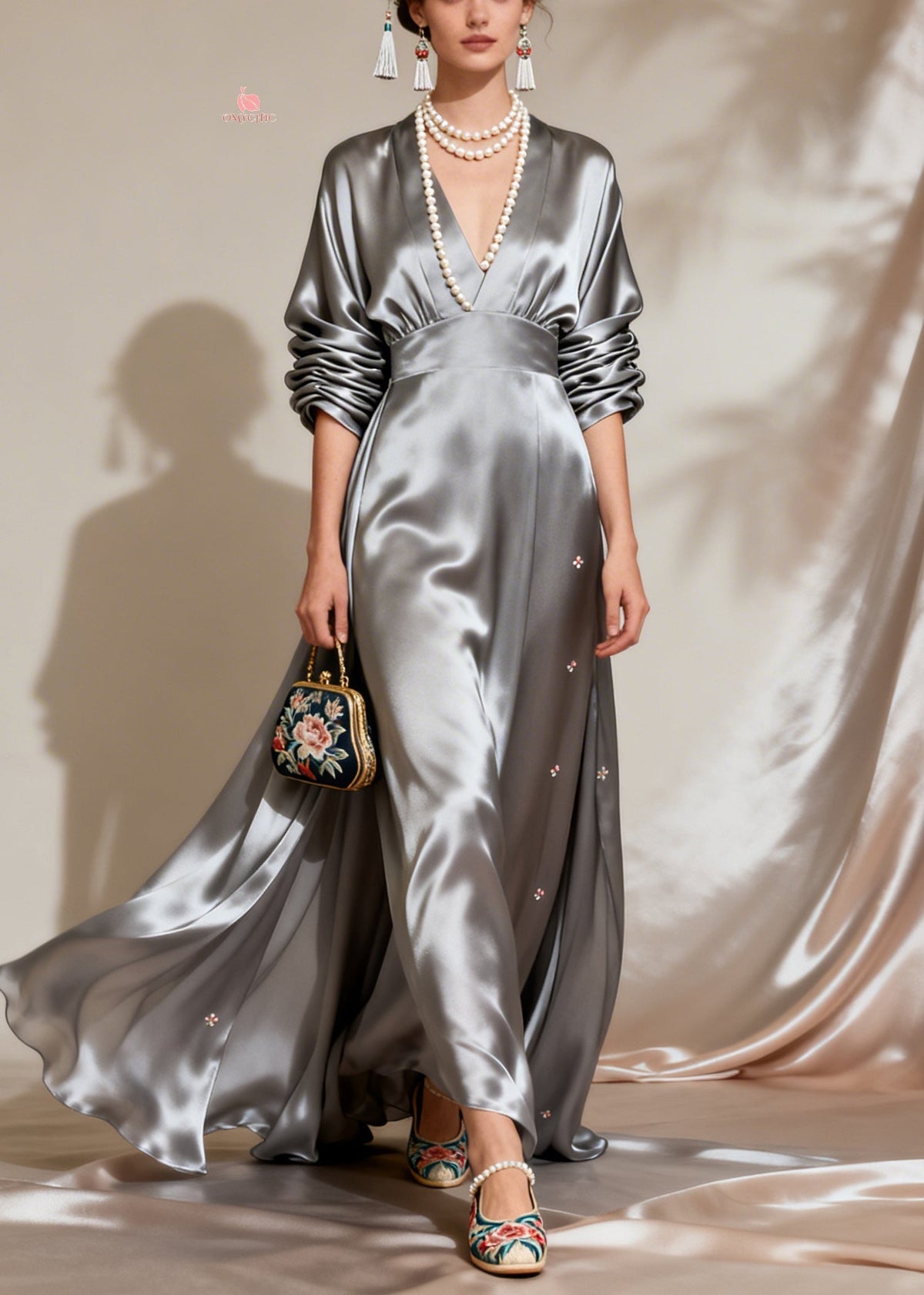 Deep V-Neck Floral Embroidered Satin Waistband Maxi Gown